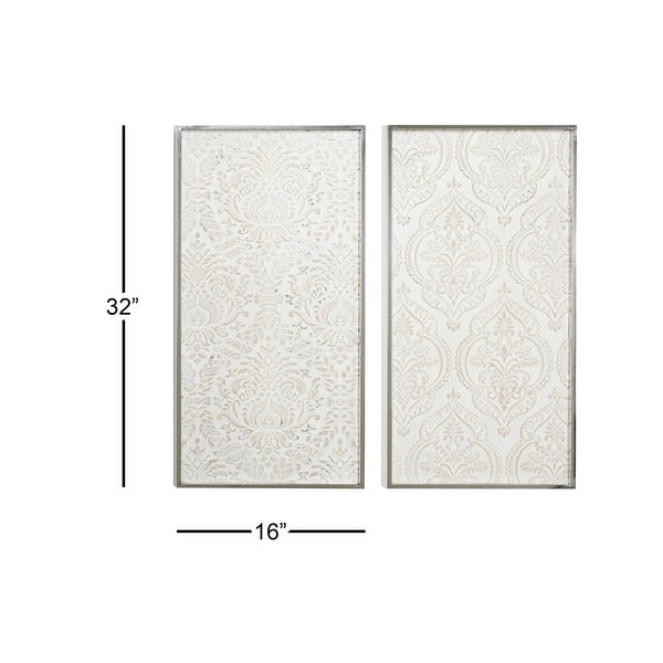 Large Rectangular Distressed White Wood Wall Decor with Damask Patterns